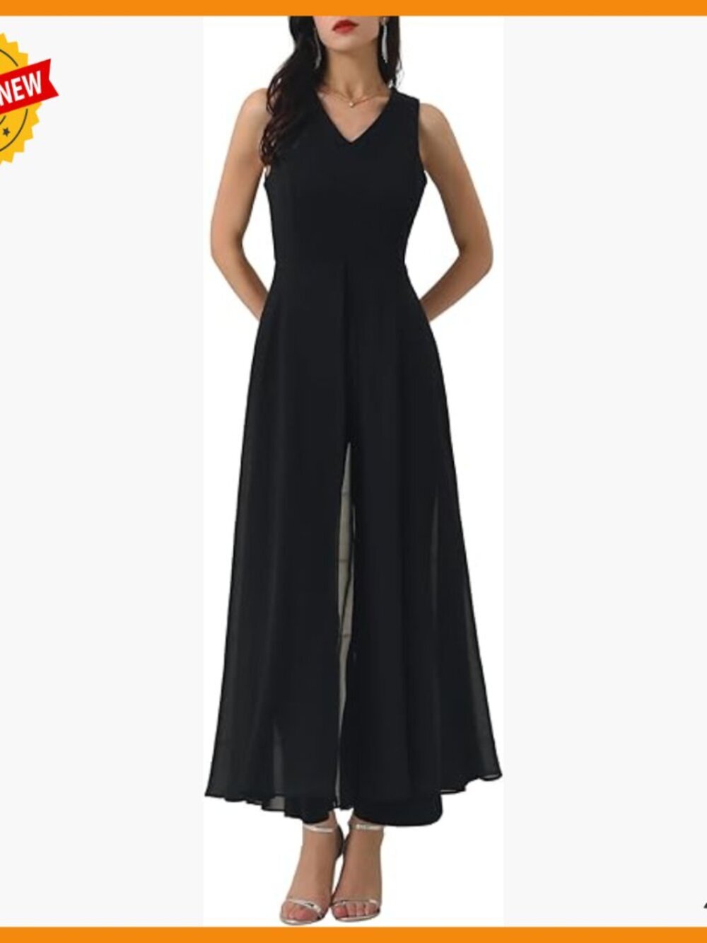 Sleeveless Wide Leg Jumpsuit, V-Neck Chiffon Formal Wear, Size Medium